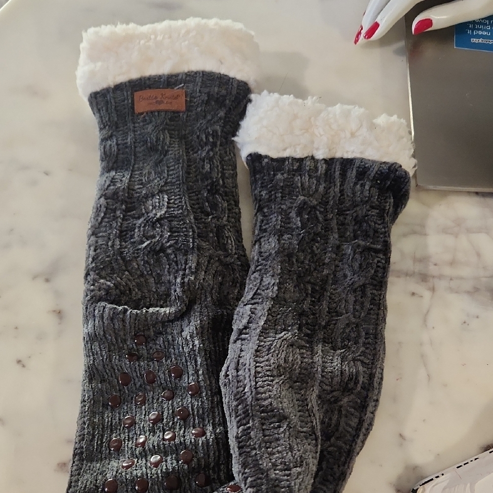 NEW Britt's Knits Cozy Gray Knit Socks with White Fleece Lining